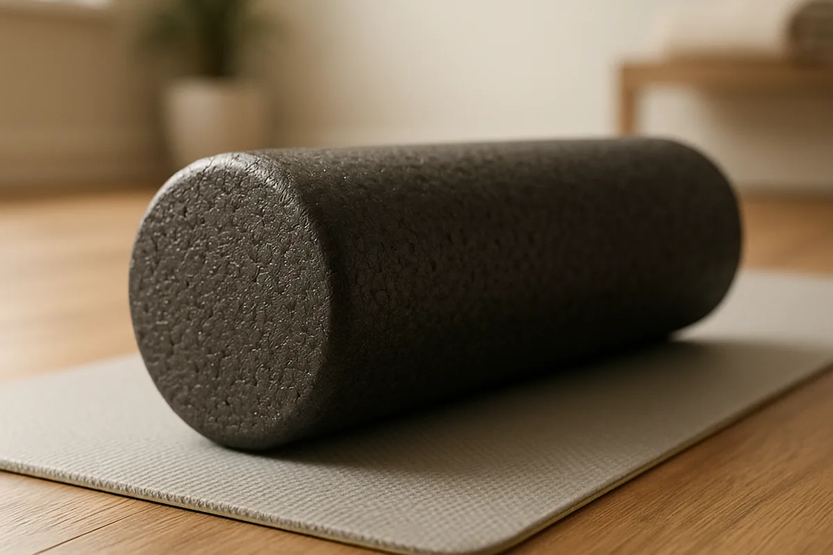 Foam roller på en yogamåtte på gulvet