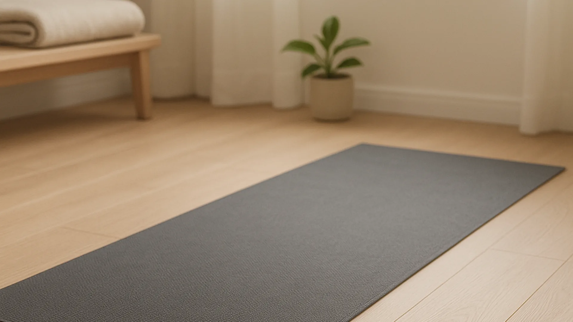 Yogamåtte på et lyst trægulv i en stue med dagslys
